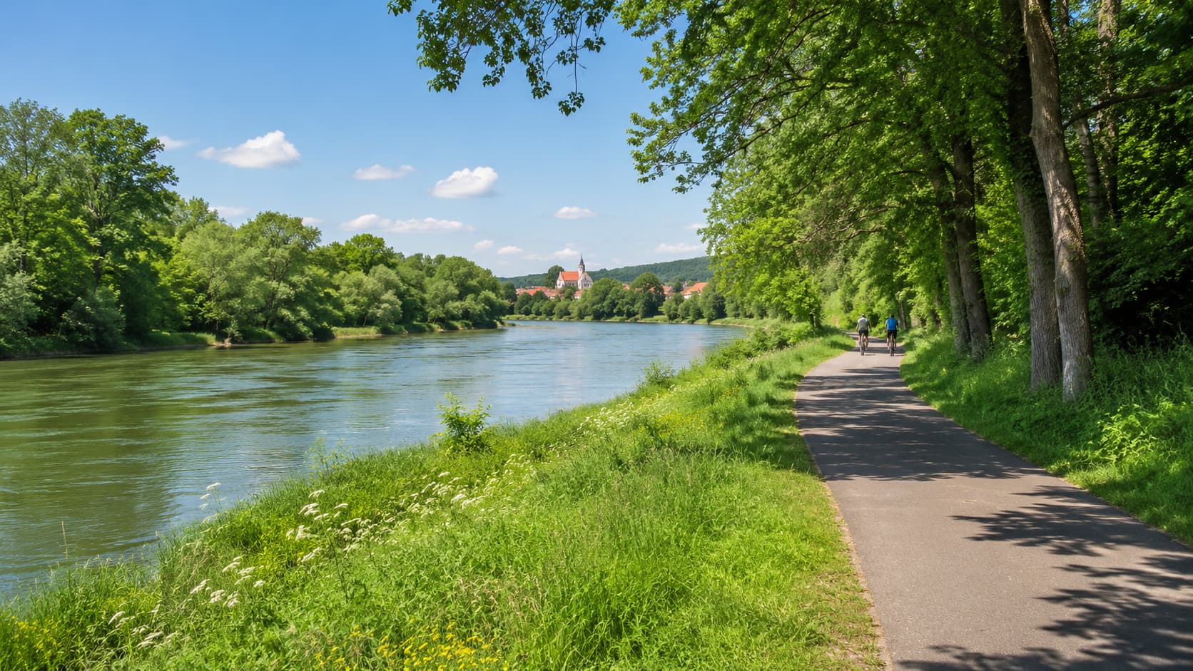 KI-generiertes Stimmungsbild eines Radwegs und der Natur an der Mur bei Bad Radkersburg
